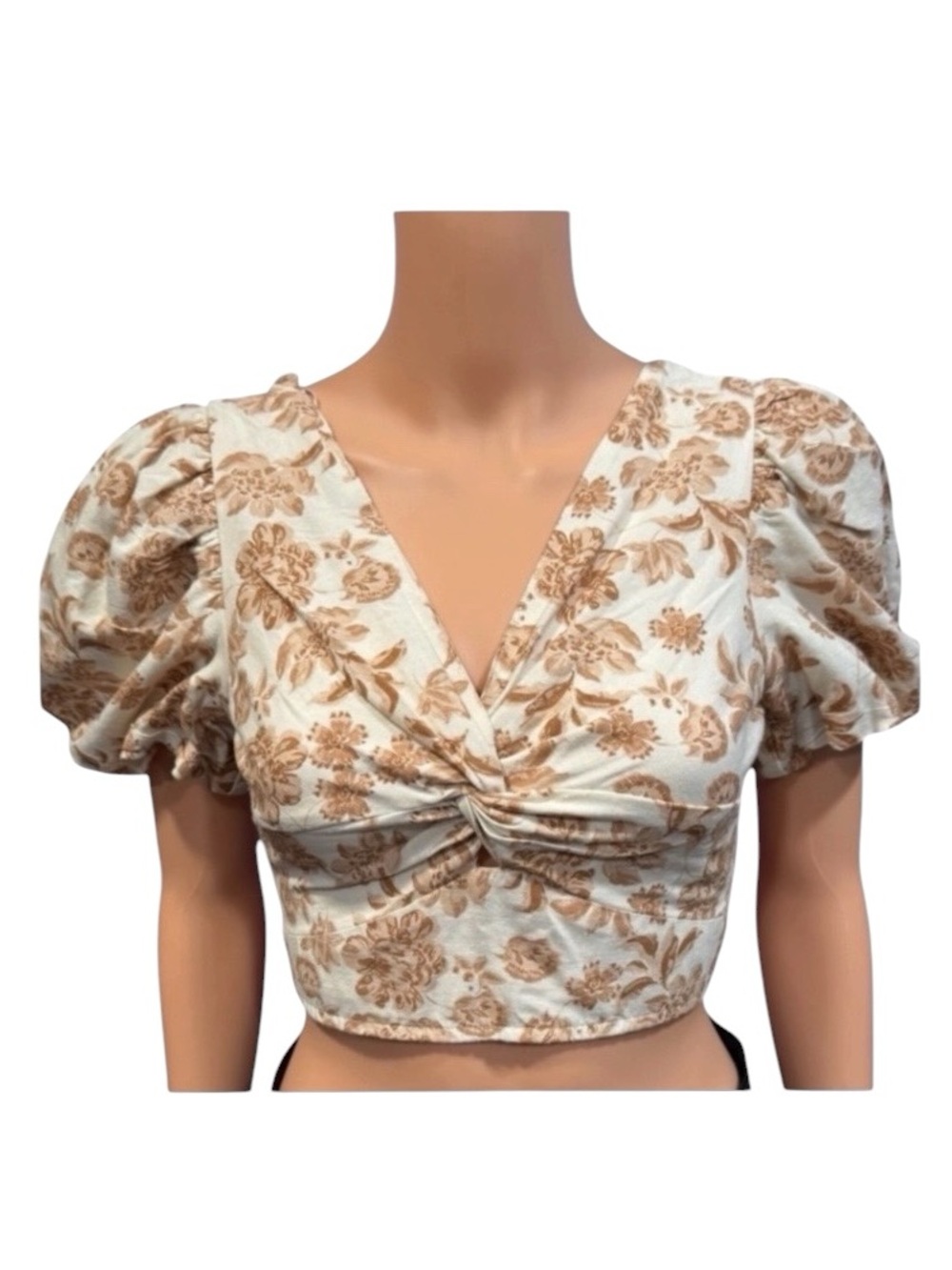 NWOT MIDNIGHT SKY Floral Twist
Front Short Puff Sleeve Linen Blend
Crop Small